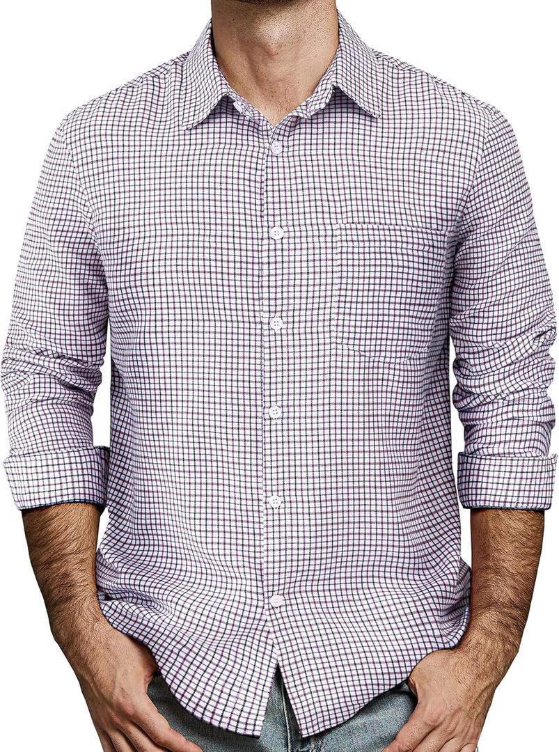 Mens Gingham Button Down Shirt Long Sleeve Dress Shirts Business Casual Shirts with Pockets (White, XXL)