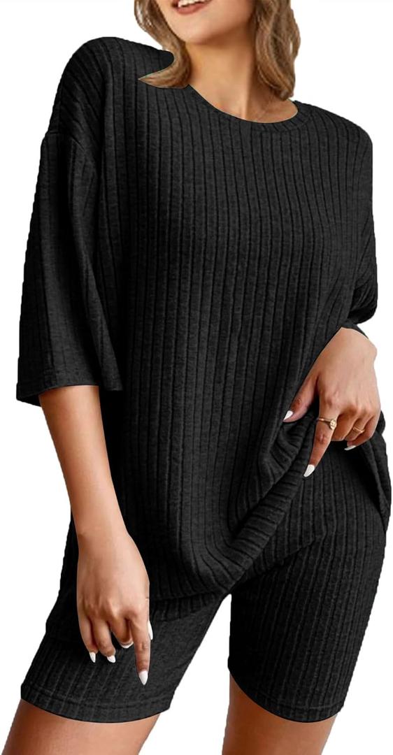 NORACORA Pajamas 2 Piece Lounge Sets Ribbed Knit for Women Matching T-shirt Shorts Outfits Sleepwear (Small, Black)