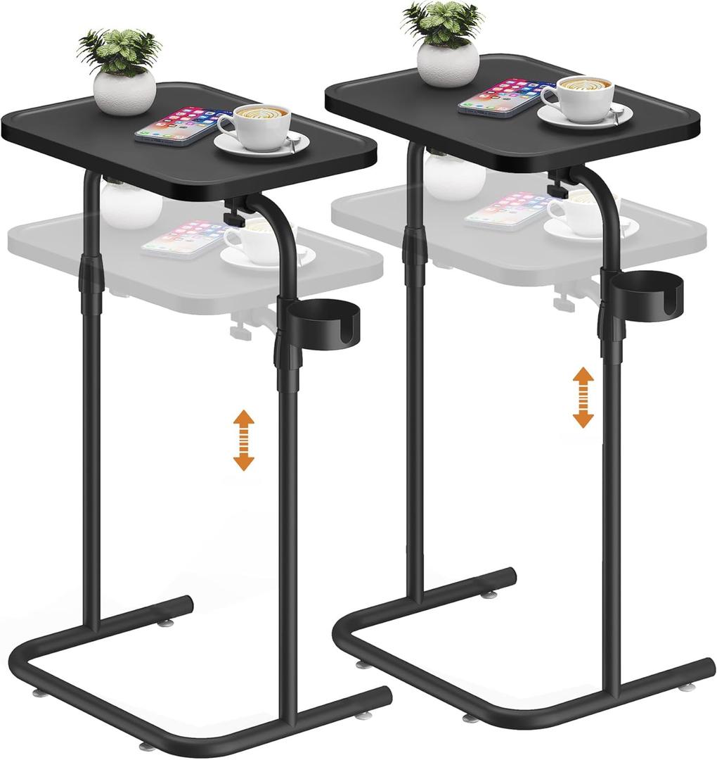 TUTOTAK C Shaped End Table with Tiltable Surface, Set of 2, Adjustable Height Side Table, Slide Under Couch Table TV Tray for Eating, Sofa Tray for Livingroom, Bedroom Black TB01BK0912