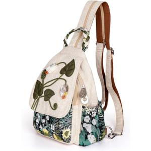 Girl's Convertible Sling Bag, Hand Craft Artisan Purse, Beautiful Canvas Premium Casual Day Mini Backpack for Women (Green Marsh)