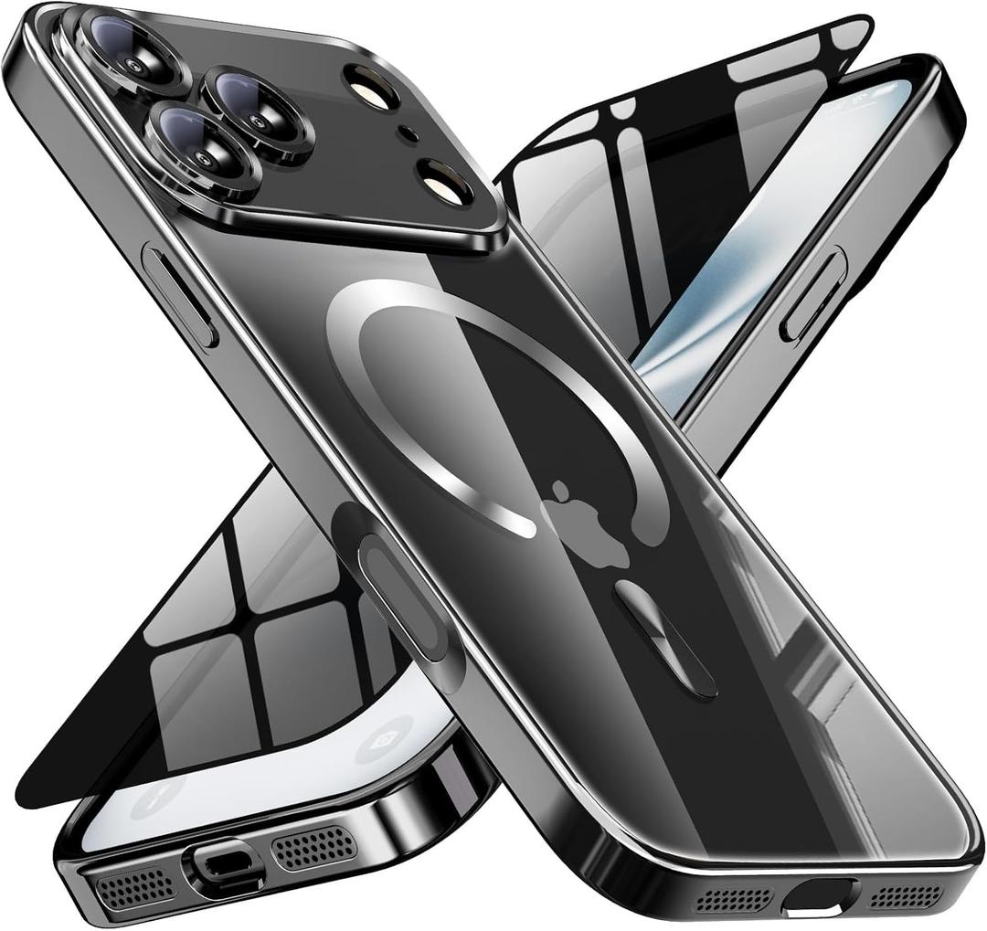 Magnetic for iPhone 17 Pro Max Case with Privacy Screen Protector & Full Camera Cover,[Non-Yellowing] Shockproof Clear Phone Case Compatible with MagSafe Women Girls for iPhone 17 ProMax,Black