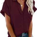 APRAW Womens Casual Button Down Short Sleeve Shirts 2025 Summer Fashion Cotton Linen Shirt Top Blouses with Pocket (Medium, Wine Red)