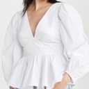 SUNNOW Women's Elegant Blouse Shirt with Plunging Double V-Neckline & Back Ties Puff Long Sleeves with Button Cuffs (White, L)