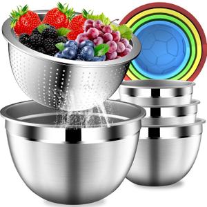 Mixing Bowls with Strainer, Mixing Bowl with Lids Set, Stainless Steel Mixing Bowls, Kitchen Gadgets Salad Bowls with Strainer for Mixing & Preping & Serving, Multicolor