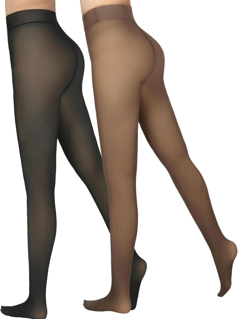 Delcast 2 Pairs Fleece Lined Tights WomenFake Translucent Thermal Sheer Thick Pantyhose Leggings for Winter, Size XS