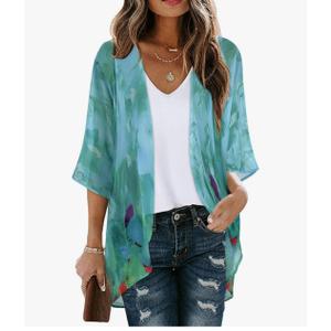 Women's Floral Print Puff Sleeve Kimono Cardigan Loose Cover Up Casual Blouse Tops, Large