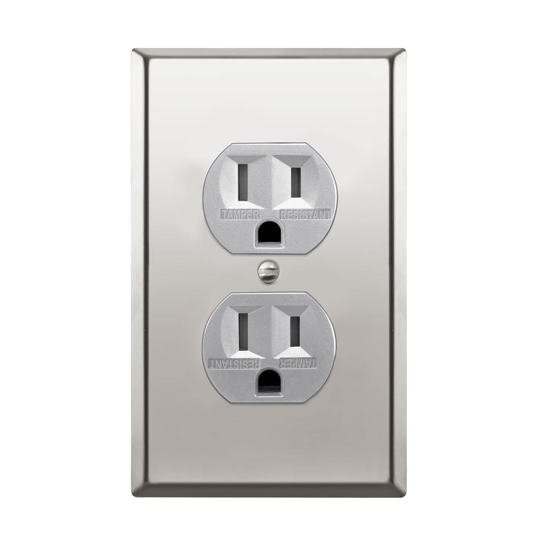 ENERLITES Elite Series Duplex Receptacle with Stainless Steel Metal Wall Plate, Tamper-Resistant Outlet, Commercial Grade, 15A 125V, UL Listed, 61580-TR-SV77PC, Silver with Polished Chrome Wall Plate
