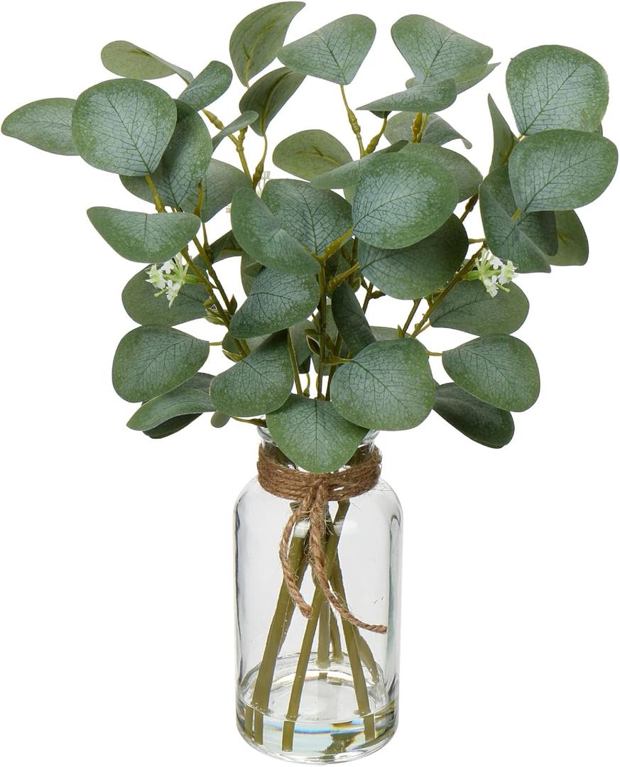 Briful Artificial Eucalyptus Stems in Glass Vase with Faux Water, 14" Fake Plant Eucalyptus Leaves for Home Bathroom Office Farmhouse Wedding Centerpiece Dcor (Clear)