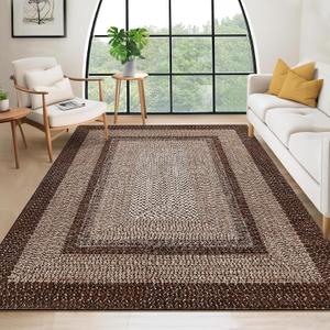 RUGSREAL Large Bedroom Rug 6x9 Machine Washable Area Rug Braided Print Boho Accent Carpet Throw Floor Cover Farmhouse Rustic Rug Geometric Bordered Braided Carpet for Living Room Home Office, Brown