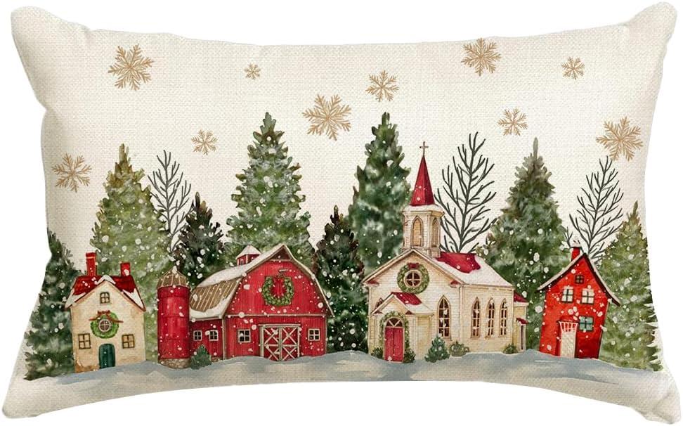 RABUSOFA Christmas Pillow Covers 12x20 Inch Christmas Tree Decoration Golden Snowflake Lumbar Decorative Throw Pillows Winter Holiday Christmas Decor Farmhouse for Home Couch (Mulitcolor)