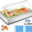 Ice Food Serving Display Tray with Clear Roll Top Cover, 1 x 1 Pan Stainless Steel Cold Food Buffet Condiment Dispenser Display Rack with 1 Clip & 2 Ice Trays for Restaurant Hotel Kitchen Party