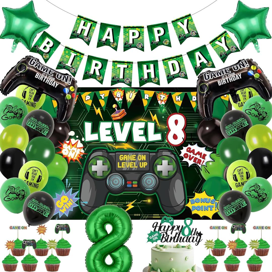 Video Game Birthday Decorations Boys - 38 Pcs Green Level Up 8th Gaming Party Banner Backdrop Foil Balloons Cake Cupcake Toppers Decor Kits For 8 Year Old Party Supplies