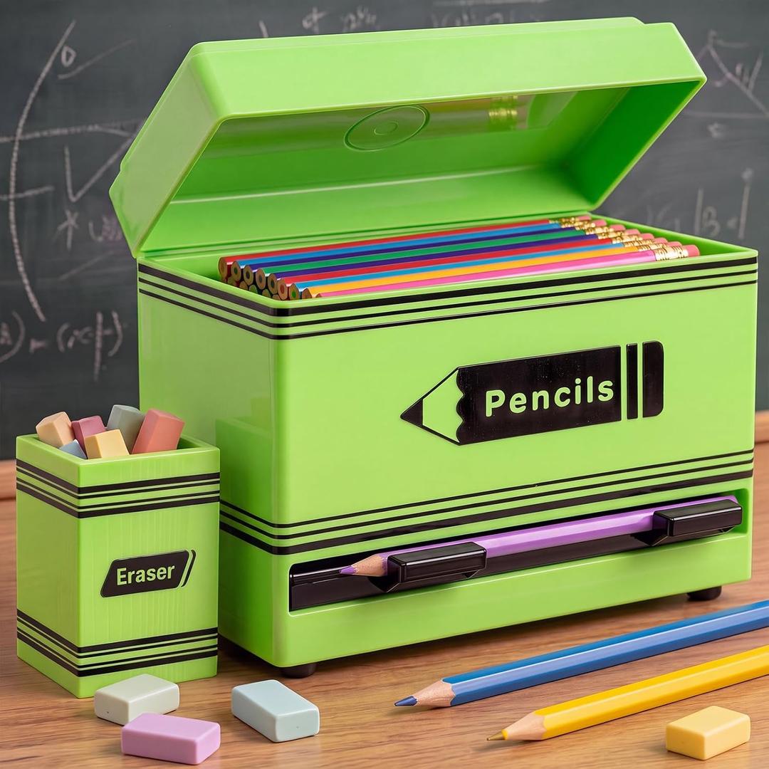 Plastic Pencil Dispenser for Classroom with Wooden Eraser Holder, Green