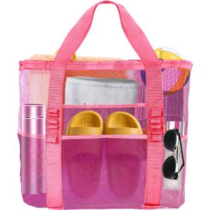 Large Mesh Beach Bag - Lightweight & Foldable Family Beach Bag with 9 Pockets for Toys, Towels & Vacation Essentials