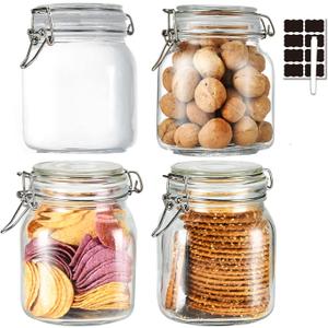 32oz Glass Food Storage Jars with Airtight Clamp Lids,Set of 4 Airtight Glass Canister Square- Clear Storage Container for Kitchen Container Storing Sugar, Flour, Cereal,Coffee,Spice