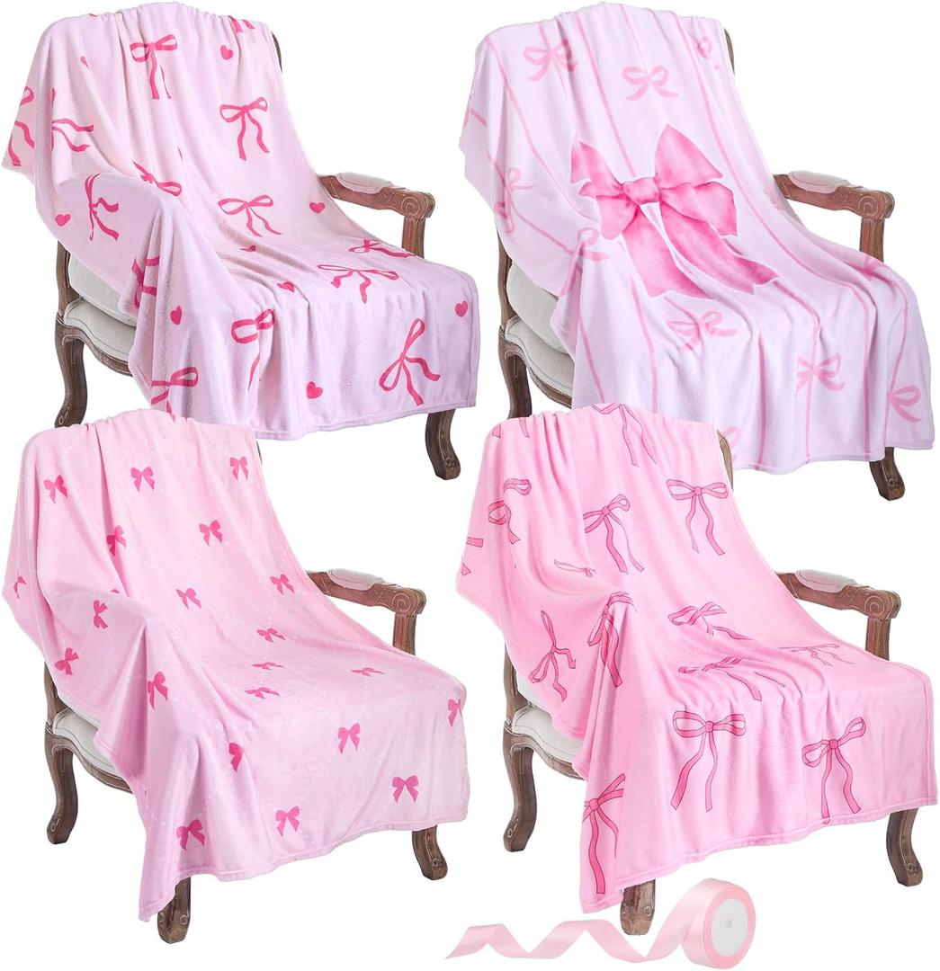 4 Pcs Pink Bow Throw Blanket for Sleepovers Girls with 24 Yard Ribbon Bowknot Flannel Blanket Coquette Preppy Throw Gift for Back to School Slumber Birthday Movie Night Party 40" x 50"