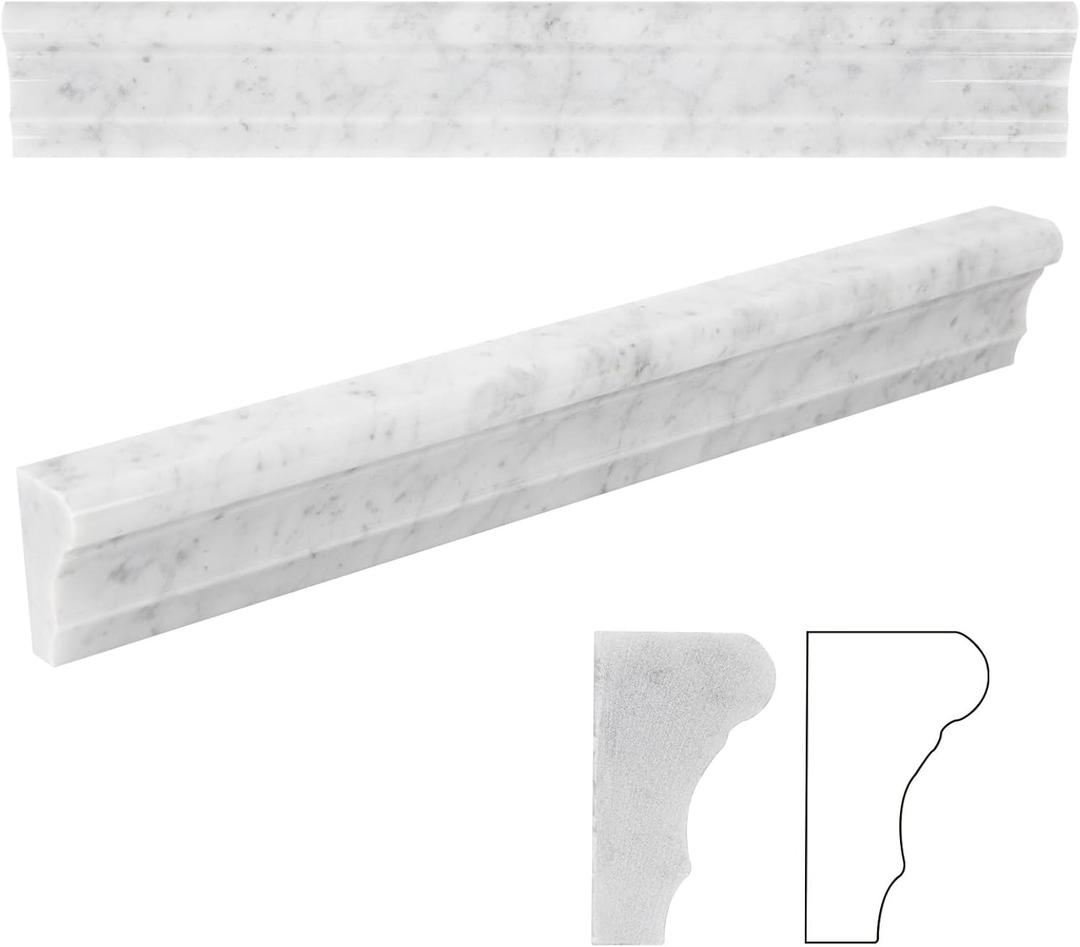 10 Pcs Carrara White Marble Chair Rail Trim Molding, 1.8x12 Inch Bullnose Edge for Bathroom Kitchen Shower Livingroom Walls, Polished