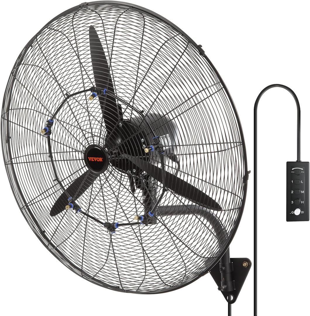 VEVOR 30 Inch Wall-Mount Misting Fan, 3-speed IP44 Waterproof Oscillating, Max. 9500 CFM Wall Mounted Fan for Outdoor, Commercial, Residential, Greenhouse, Workshop, Patio, Black, ETL Listed