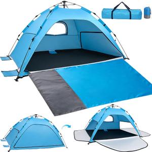 Pop Up Beach Tent Sun Shade Shelter with Extended Sand Mat for 3-4 Person - UPF 50+ UV Protection, 3 Zippered Doors & Vent Windows Easy Set up Beach Shade Tent