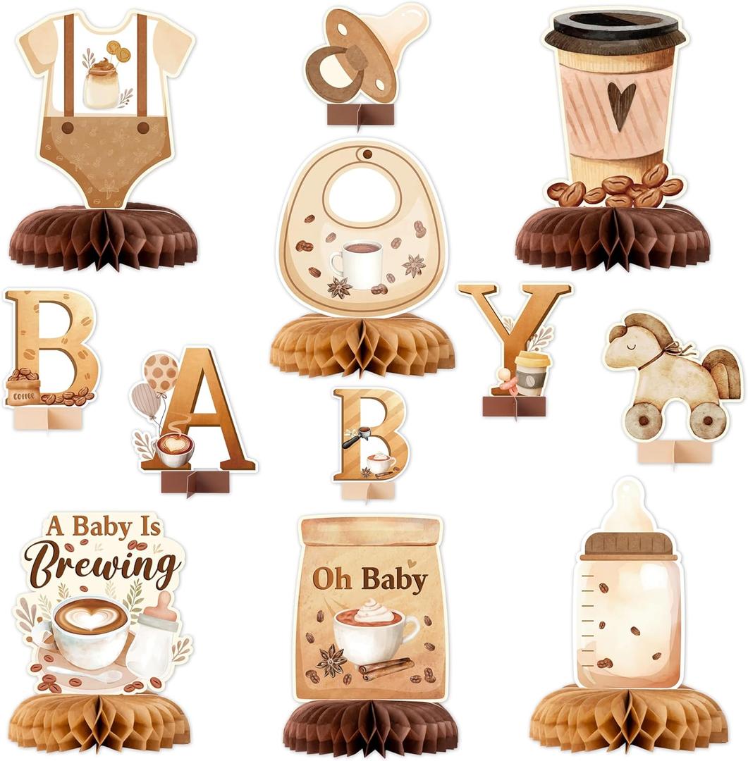ANGOLIO 12 Pieces Coffee Baby Shower Party Honeycomb Centerpieces Coffee Latte Centerpieces Baby Is Brewing Honeycomb Party Decorations 3D Photo Prop for Gender Reveal Party