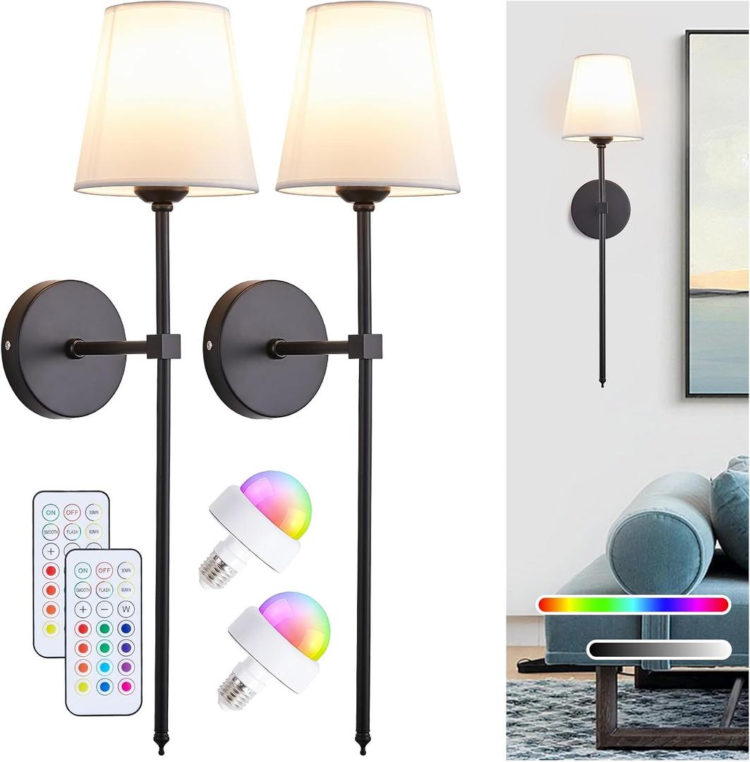 Battery Operated Wall Sconces Set of 2, Wireless Wall Sconce Rechargeable Wall Lights with Remote & Timer, 13 Colors Wall Sconces Battery Powered Dimmable Wall Lamps Wall Decor for Bedroom Living Room