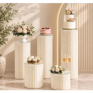 Zacxya 3 Pack White Cylinder Stands for Party, Foldable Cardboard Cylinder Pedestal Stands with 11.8" Acrylic Plates, 15.7", 23.6", 31.5" Cake Cylinder Display, Cylinder Tables for Parties