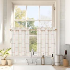 DriftAway Striped Linen Short Curtains - 24 Inch Length, Windowpane Plaid Pattern, Cafe Style for Living Room, Bathroom - Rustic Farmhouse Theme, Rod Pocket, 2 Panels Red