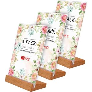 TONICE 3 Pack 8.5x11 Acrylic Sign Holder L Shape Slant Back Design Clear Acrylic Frame Wood Base, Table Menu Display Stand, Flyer Display (Optional 8.5x11/5x7 Inch L/T Shape)