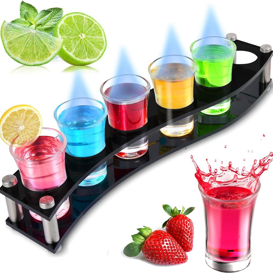 6 Pack Shot Glasses with Holder, 1.2 oz Heavy Base Shot Glass Set, Clear Glass Serving Tray, for Restaurant, Bar Party (Black)