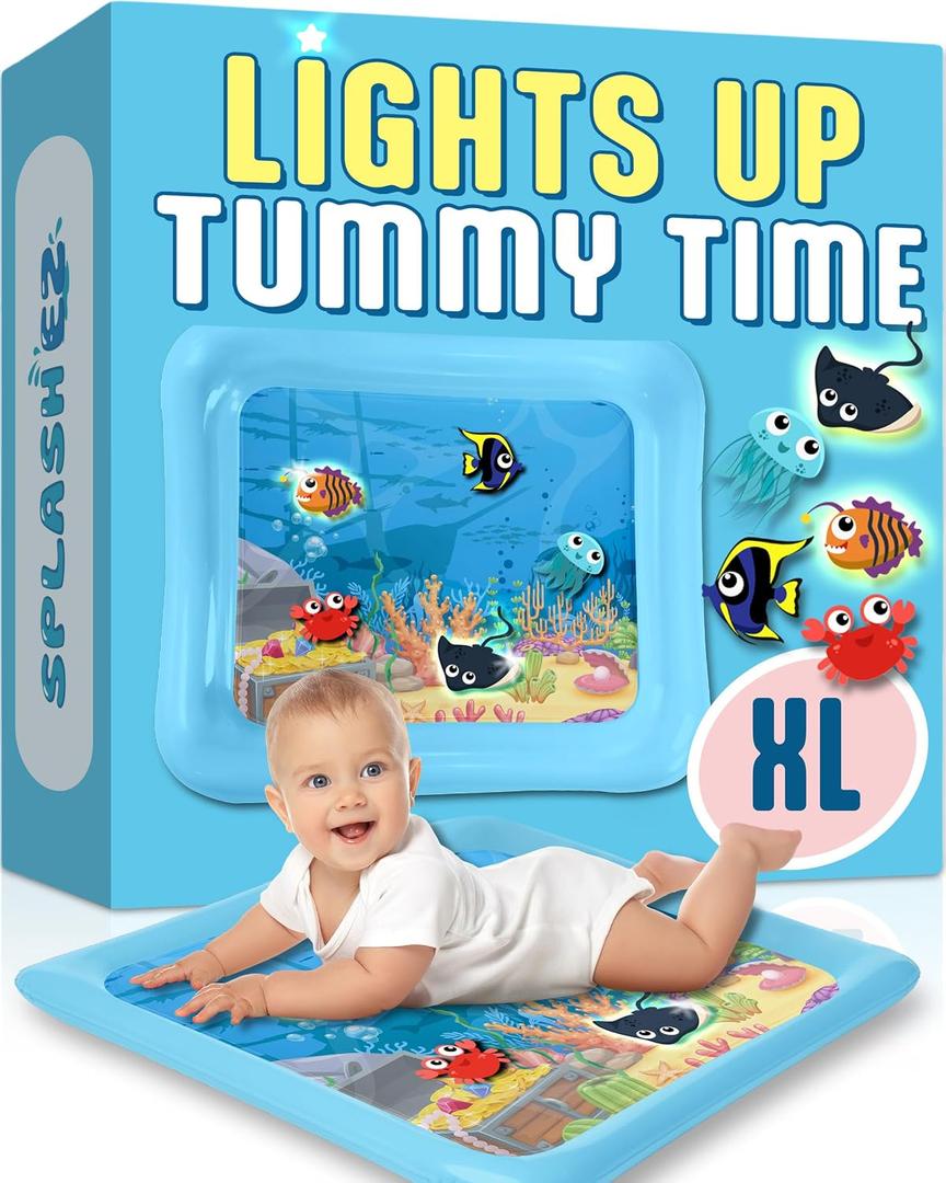 SplashEZ Lights Up Tummy Time Water Mat for Babies, Large Baby Water Mat Tummy Time for Sensory Play with LED Glowing Fishes, Inflatable Fun Play Pad for Infants & Toddlers 3 to 36 mo