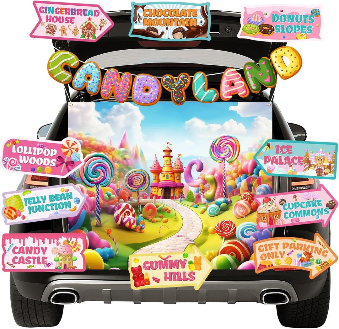 Candyland Trunk or Treat Car Decorations Kit for SUV, Halloween Candyland Lollipop Donut Car Decorations Outdoor Arch Entrance Window Garage DecorationsTrunk or Treat Car Archway Garage Decoration