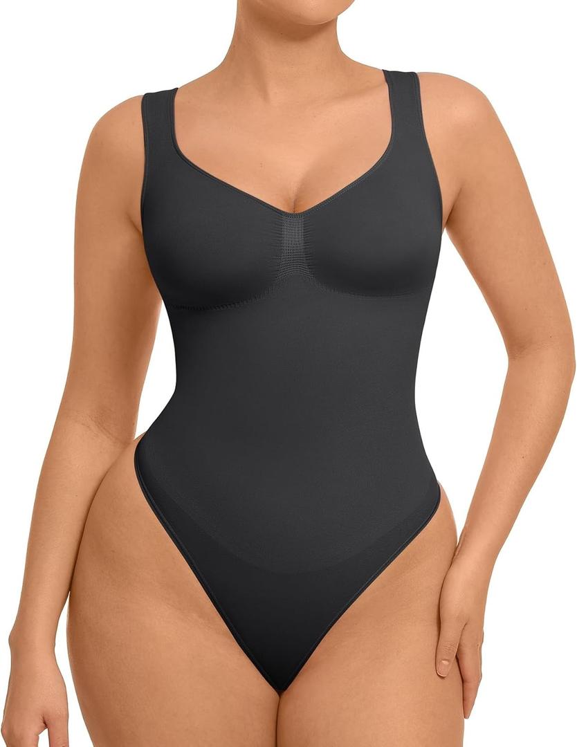 FeelinGirl Shapewear Bodysuits for Women Tummy Control: Thong Seamless Body Suits Sculpting Snatched Waist Body Shaper (X-Large, Black)