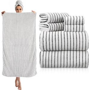 6 Pcs Oversized Bath Towels for Adults 35x70 Inches Black & White Striped Extra Large Bath Towel Sets Bathroom Sheets Jumbo Shower Towels Quick Dry Absorbent Soft Microfiber for Women Men
