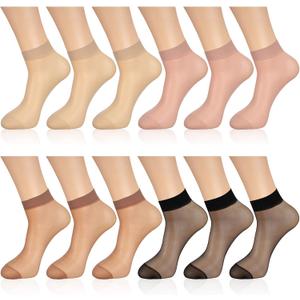 Geyoga 12 Pairs Sheer Ankle Socks Thin Nylon Transparent Ankle High Hosiery Socks Short Dress Stockings for Women (Large, Simple Color)
