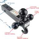 TOPTOW Trailer Hitch Tri-Ball Mount with Hook, Black Balls, with Lock, Fits for 2 inch Receiver