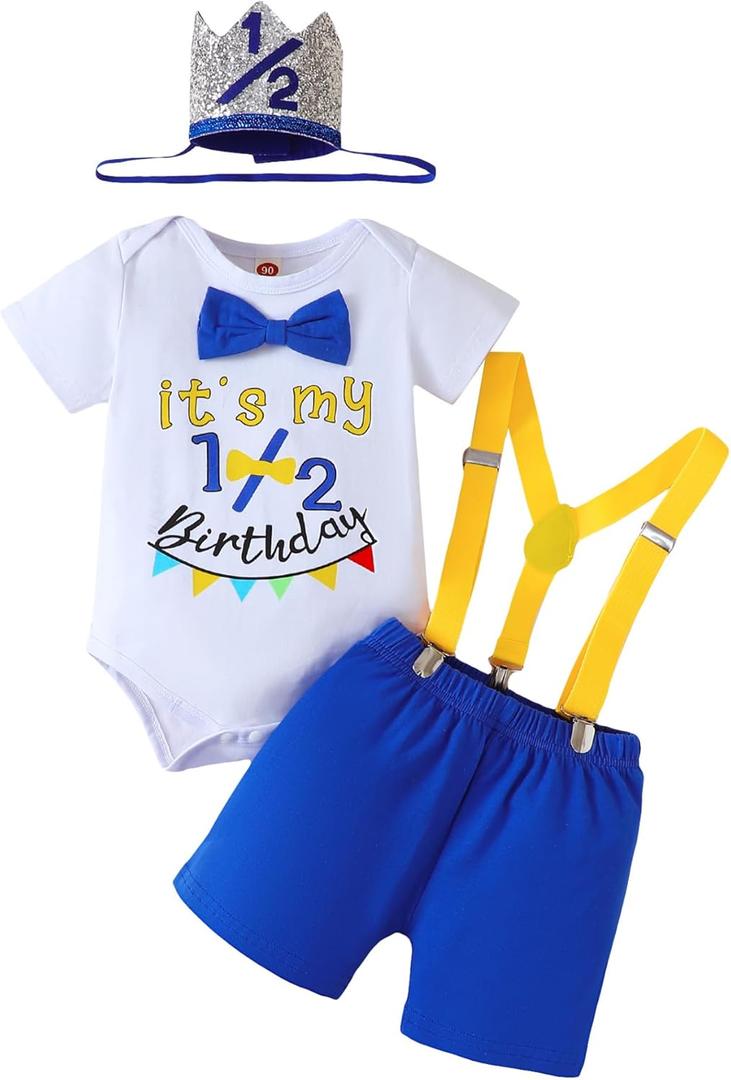 Baby Boy 1/2 First Birthday Outfit Half Way to One Birtday Cake Smash 4pcs pants Set Suspenders Romper Photo Shoot (3-6 Months)