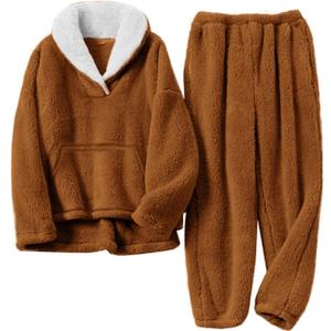 COZYPOIN Women's Fluffy Pajamas 1 Piece Soft Fleece Plush Sleepwear Warm Fuzzy Loungewear (Size L, Brown)
