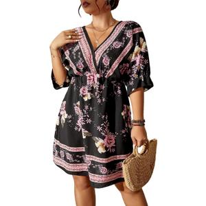 OYOANGLE Women's Plus Size Boho Floral Print High Waist V Neck Flared A Line Short Dress Black Floral ,SizeXL 