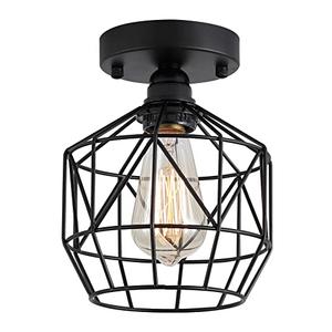 Q&S Black Semi Flush Mount Ceiling Light Industrial Vintage Retro Cage RV Small Ceiling Light Fixture for Hallway Closet Kitchen Stairway Bedroom