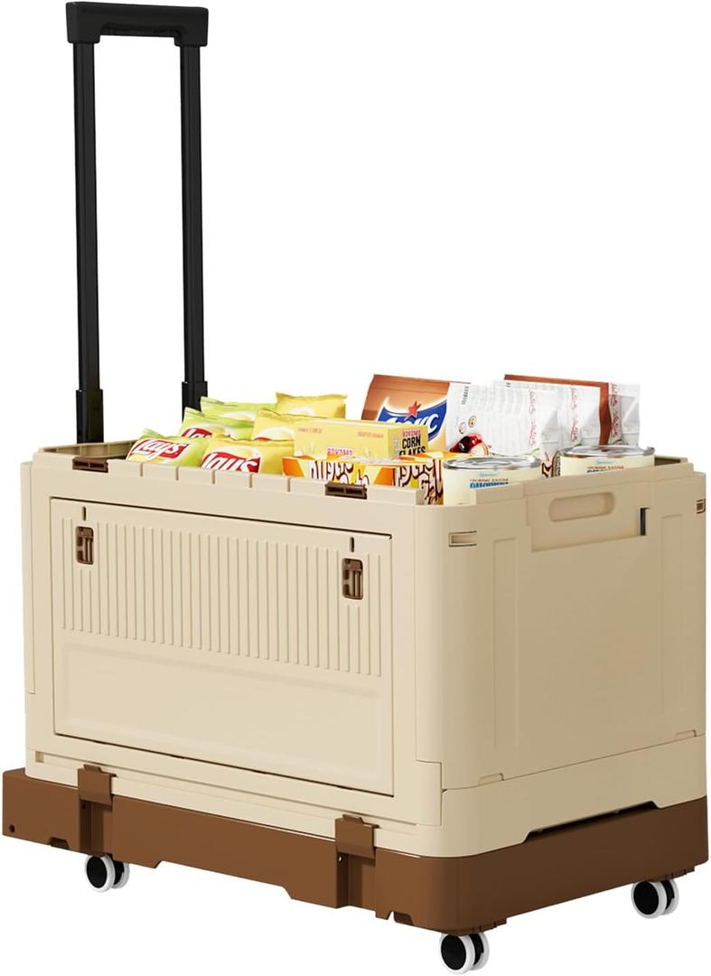 VOWNER Large Foldable Utility Cart, Portable Rolling Crate with Durable Metal Telescoping Handle, 4 Rotate Wheels for Travel, Shopping, Luggage Moving and Storage, Brown