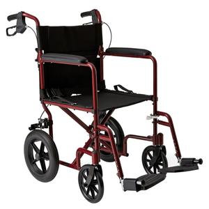 Medline Foldable Transport Wheelchair with Handbrakes and 12-Inch Wheels, Red Frame, Black Upholstery