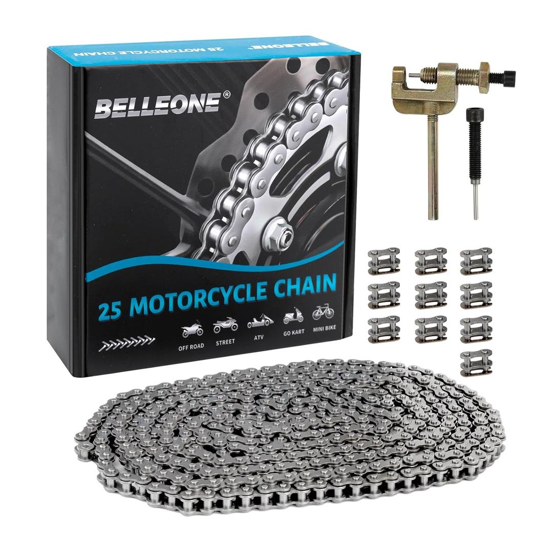 Belleone #25 Roller Chain - 10 Feet #25 Chain with 10 Connecting Links & Chain Breaker for Go Karts, Mini Bikes, Scooters, Dirt Bikes, Razor Motorcycles, Pocket Bike and Bycicles - 480 Links