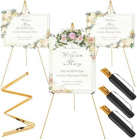 3 Pack Easel Stand for Wedding Sign & Poster 63" Foldable and Adjustable Floor Metal Easels for Display Painting Arts,with Portable Bag,Gold