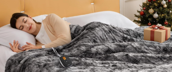 WOOMER Heated Blanket Twin Size 62" x 84", Electric Blanket with 0.5-12 Hours Timer & 10 Heating Levels, ETL Certified, Marble Gray Double-Sided Faux Fur, Over-Heat Protect, Machine Washable