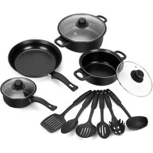 Non-Stick Cookware Set, 13 Piece Set Portable Lightweight Cast Iron Pots and Pans with Glass Lids and Nylon Utensils for Outdoor Camping Picnic Travel Cookware