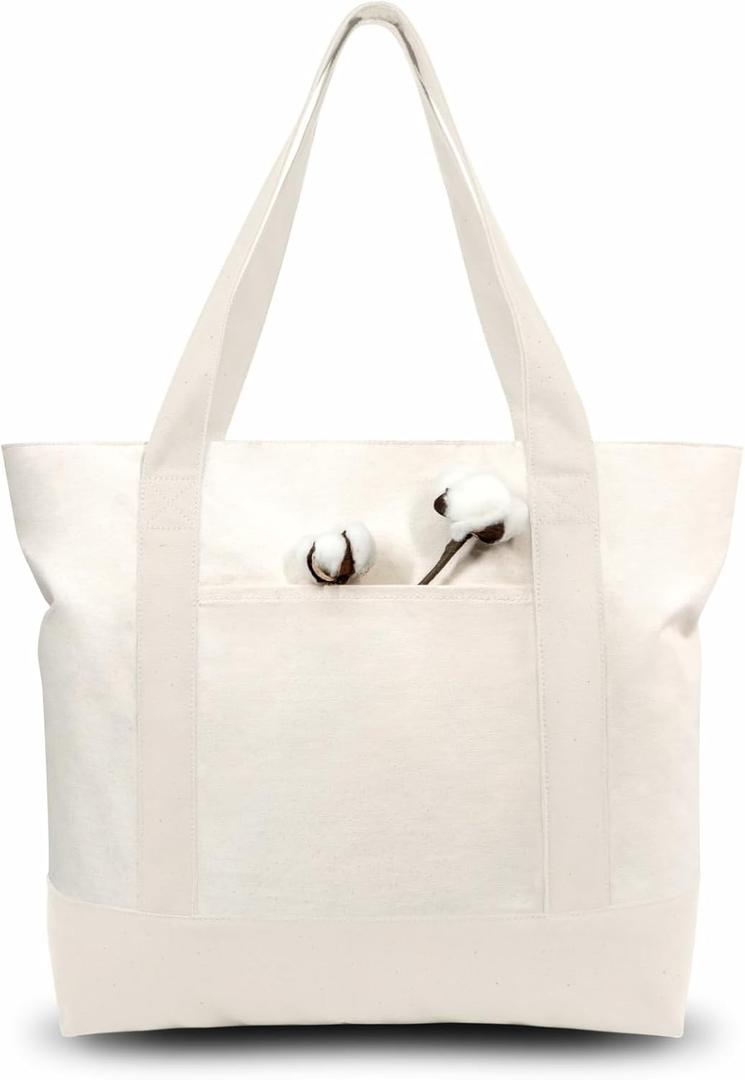 TOPDesign 6-Pack Canvas Tote Bags with an External Pocket, Reusable Grocery Shopping Bags, Top Zipper Closure, Daily Essentials (Natural), Large