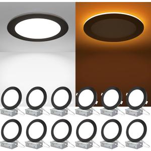 ZYC Recessed Lighting 6 Inch - 12W 1100LM LED Recessed Ceiling Light with Night Light,2700K/3000K/3500K/4000K/5000K Selectable Ultra-Thin Lighting,Dimmable Canless Wafer Downlight,Pack of 12Black.