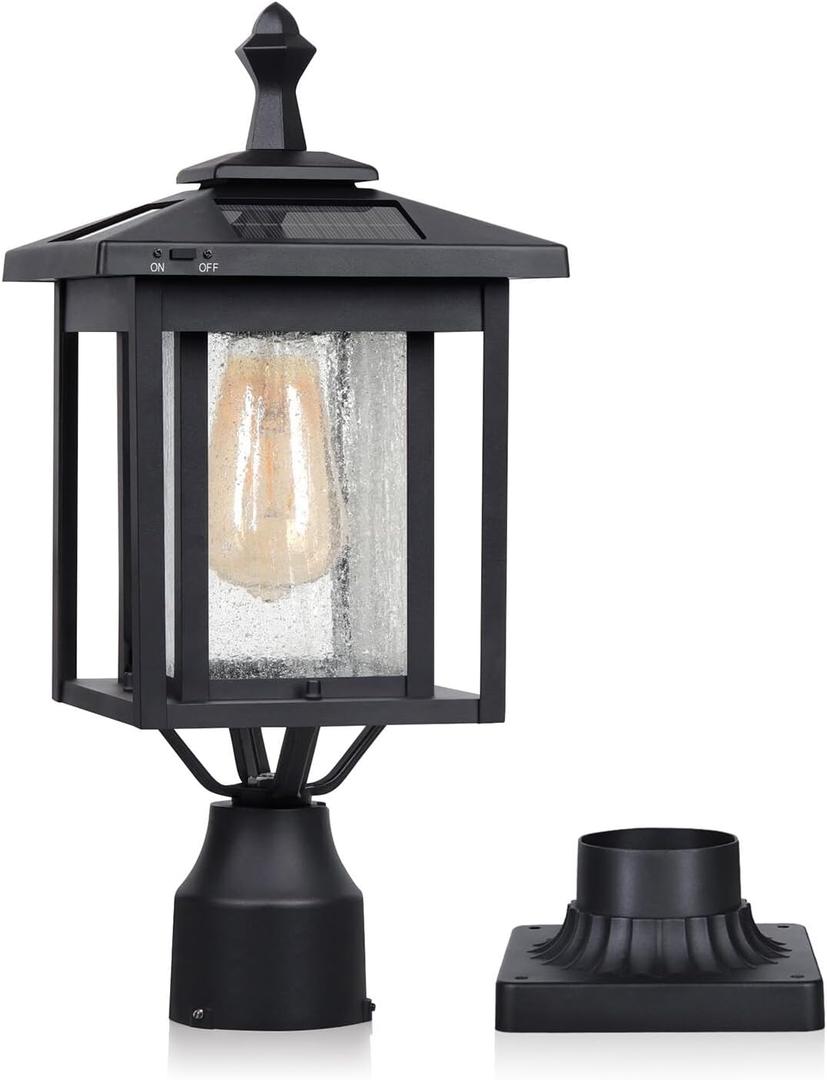 Godawn Outdoor Solar Lamp Post Light, Dusk to Dawn Waterproof Aluminum Post Lamp with Pier Mount Base for Pole Deck Yard Garden Gates Patio Walkway