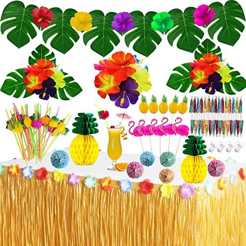 Tropical Luau Party Decorations Set Hawaiian Beach Theme Party Favors Luau Party Supplies with 9ft Luau Grass Table Skirt, Palm Leaves, Hibiscus Flowers, 3D Fruit Straws, Flamingo and Pineapple Décors
