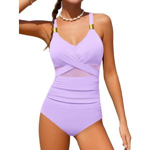 Girls Swimsuit Criss Cross One Piece Swimsuits Wrap Tie Back Sheer Mesh Bathing Suit with Gold Metal Swimwear 9-16Y